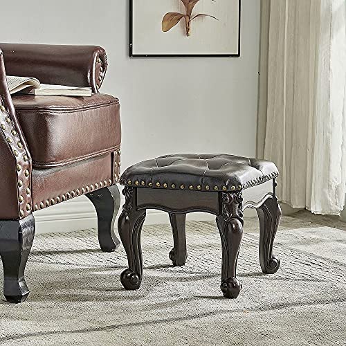 Footstool and Ottomans Small Foot Stool with Fiber Leather Wooden Foot Rest Upholstered Footrest for Living Room Bedroom (Dark-Brown)