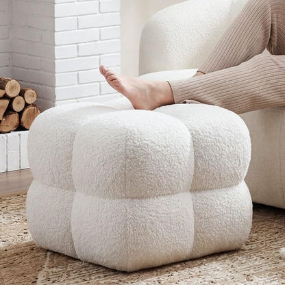 21" W Pouf Ottoman Foot Rest, Large Square Foot Stool for Couch, Upholstered Boho Ottoman with Teddy Fabric for Vanity Room Entryway Bedroom White