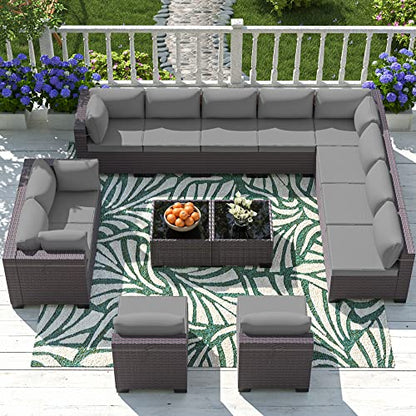 Outdoor Patio Furniture Set, 14 Pieces Outdoor Sectional Furniture Patio Sofa, All-Weather PE Rattan Patio Conversation Set with Tempered Glass Top Table & Cushions(Grey).