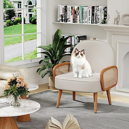 Mid Century Modern Accent Chair Armchair with Rattan Arms Upholstered Rattan Boho Accent Chair for Living Room Bedroom Balcony Faux Leather Reading Chairs Side Club Chair Beige