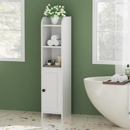 Small Bathroom Storage Corner Floor Cabinet with Door and Shelves, beside the Toilet Paper Stand for Skinny, Narrow Toilet Paper Cabinet, 7.9" D X 7.1" W X 31" H, White