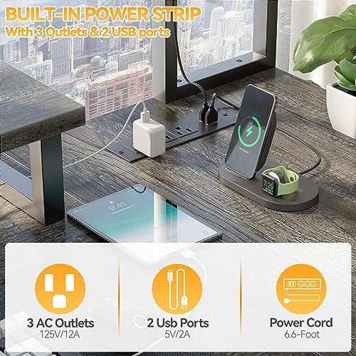 Small L Shaped Gaming Desk with LED Lights & Power Outlets, Reversible L-Shaped Computer Desk with Monitor Stand & Storage Shelf, Corner Desks Home Office Desk with Storage Bag, Grey Oak