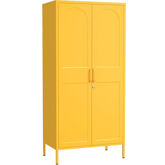Lockable Yellow Tall Metal Wardrobe 67 Inch, Vintage Arched Door Steel Storage Cabinet with Adjustable Shelves & Leveling Feet for Home Office Bedroom Size：67" H x 31.5" W x 18.1" D