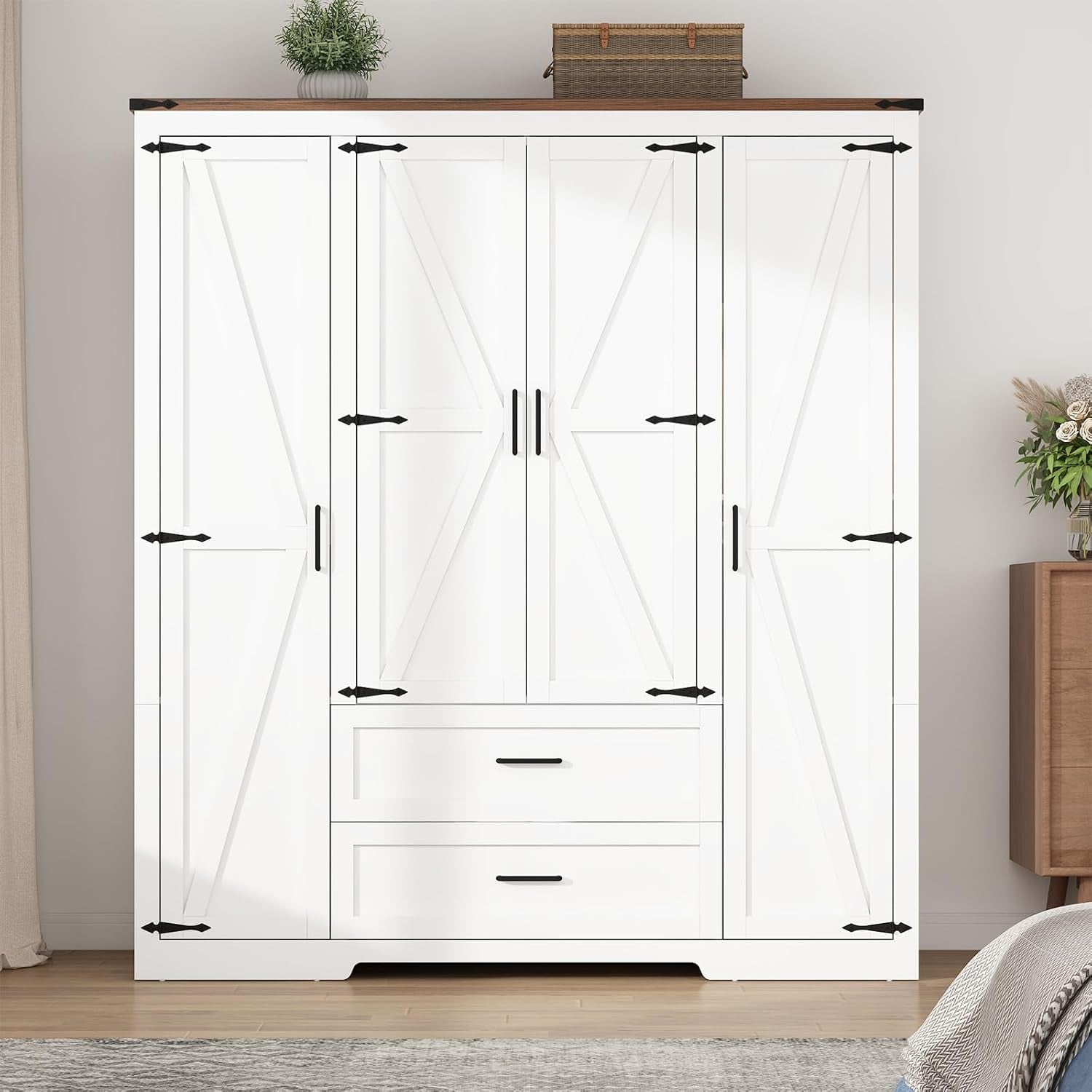 4 Doors Wardrobe Armoire Closet with Doors and Drawers, Farmhouse Wooden Armoire Storage Cabinet with Shelves & Hanging Rod for Bedroom, White