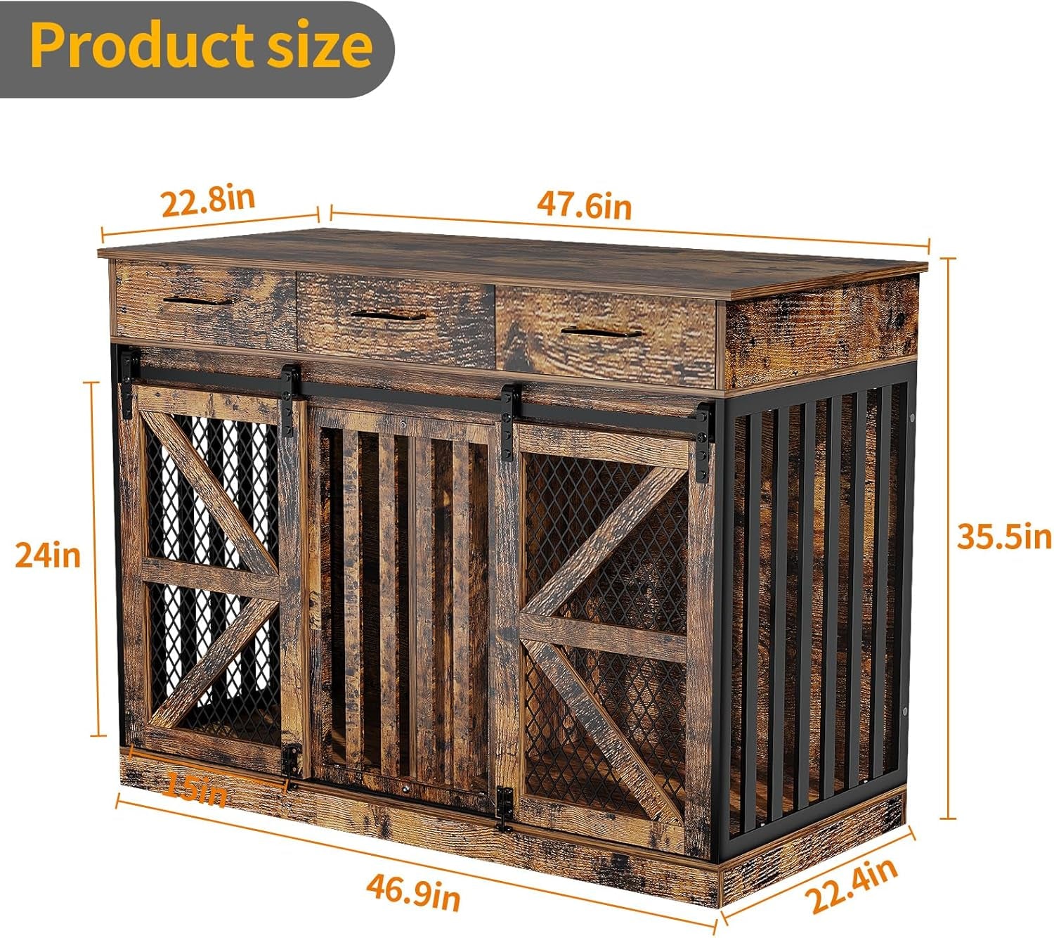 48'' Dog Crate Furniture with Removable Divider & Storage Drawers, Wooden Double Dog Cage TV Stand with 2 Sliding Barn Doors, Multi-Functional Dog Crate End Table for Indoor Use (Retro Brown)