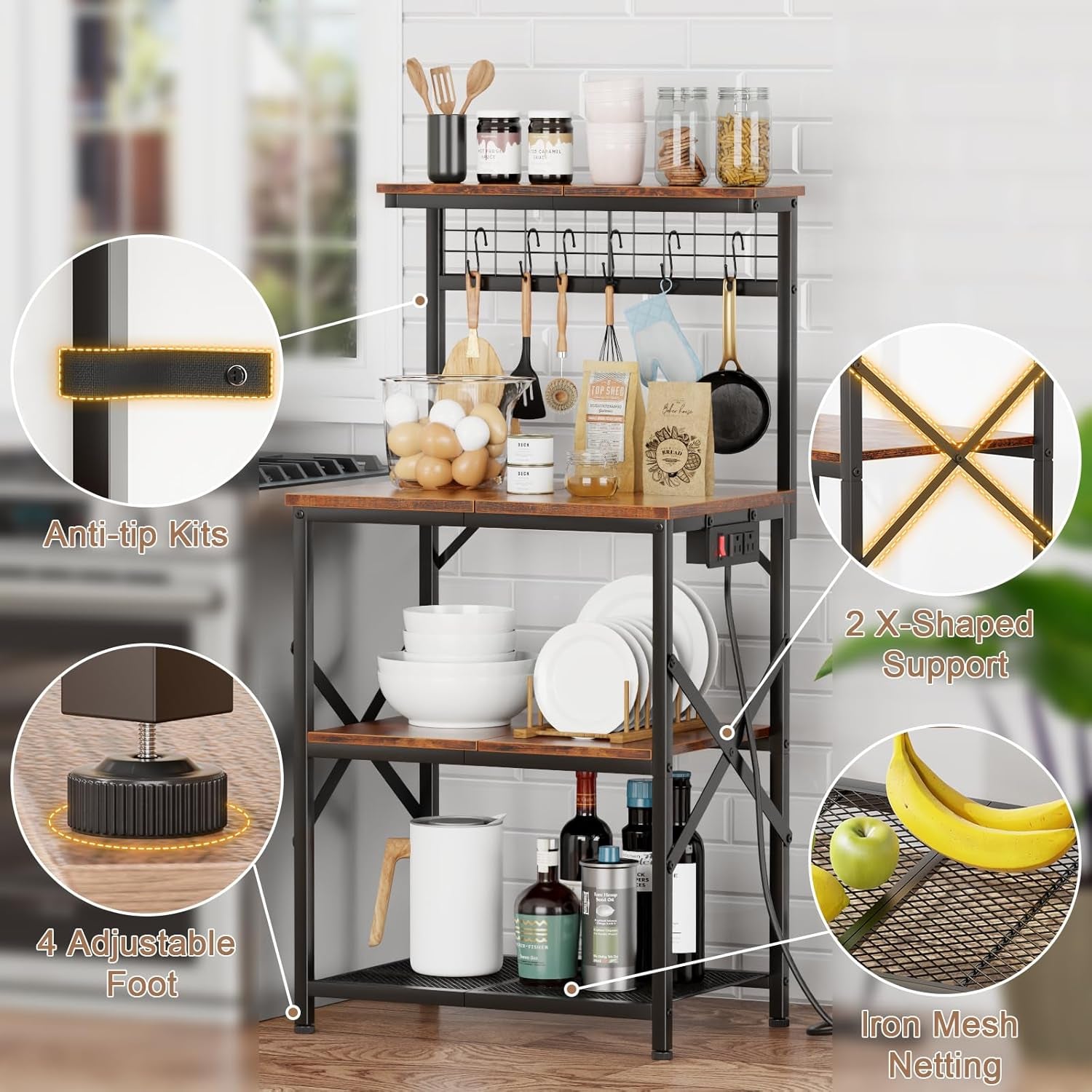 Kitchen Bakers Rack with Power Outlet, Microwave Oven Stand with Storage 4 Tiers, Coffee Bar Table with 6 S Hooks, Kitchen Storage Shelf Rack for Spices, Pots, Rustic Brown