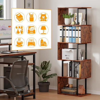 6 Tier Bookshelf, Tall S Shaped Geometric Bookcase, Modern Display Shelf Standing Unit, Wood Metal Decorative Divider Rack for Living Room Bedroom Office, Rustic Brown