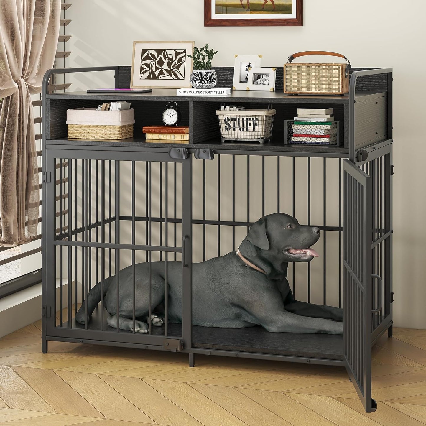 Large Furniture Dog Crate, Dog Kennel Indoor, Wood Dog Cage Table with Drawers Storage, Heavy Duty Dog Crate, Jaula Para Perros, Sturdy Metal, 40.5" L×23.6" W×35.4" H, Black