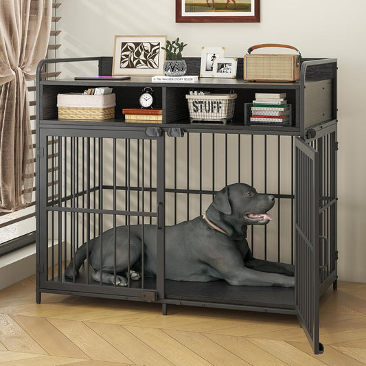 Large Furniture Dog Crate, Dog Kennel Indoor, Wood Dog Cage Table with Drawers Storage, Heavy Duty Dog Crate, Jaula Para Perros, Sturdy Metal, 40.5" L×23.6" W×35.4" H, Black
