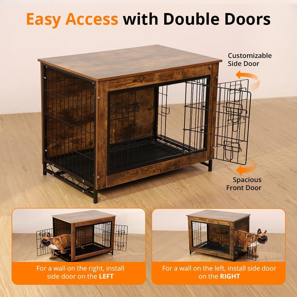 Dog Crate Furniture, Dog Kennel Furniture with Double Door, 32.5" Dog Crates for Medium Dogs with Removable Tray, Light Brown