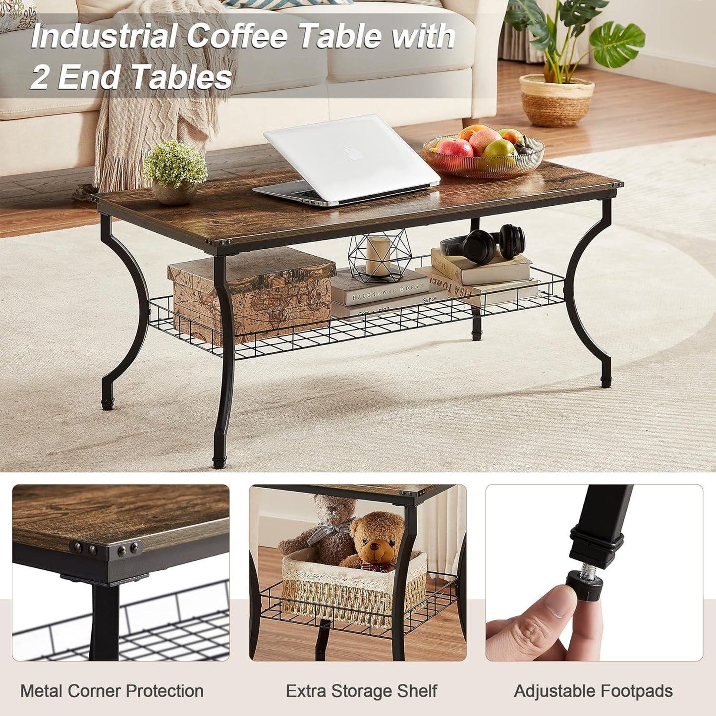 3 Pieces Living Room Table Sets, Coffee and End Tables with Open Storage Shelves for Apartment, Home Office, Small Space, Easy Assembly, Brown