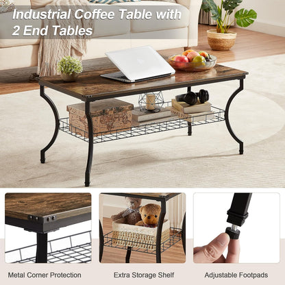3 Pieces Living Room Table Sets, Coffee and End Tables with Open Storage Shelves for Apartment, Home Office, Small Space, Easy Assembly, Brown