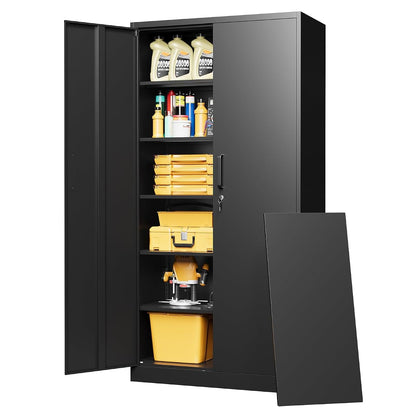 72" Tall Metal Storage Cabinet with Lock, Garage Cabinet with 2 Locking Doors and 5 Adjustable Shelves,Steel Locking Cabinets for Garage,Home Office,Kitchen,School,Warehouse(Black)