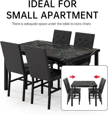 Kitchen Table Set 5 Piece Dining Room Table Set Marble Dining Table 4 Chair Dining Table Set for Kitchen Living Room Breakfast Small Spaces (Black)