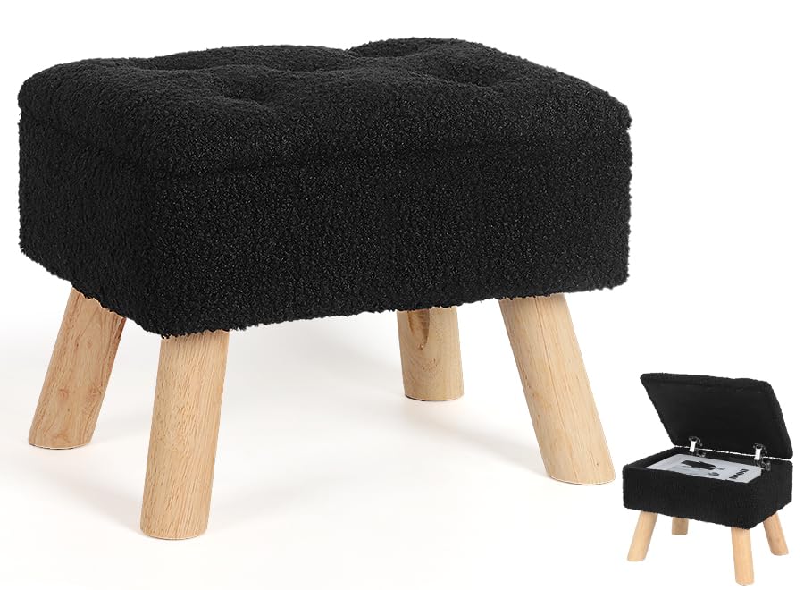 Storage Ottoman, Small Foot Stool Ottoman with Storage, Boucle Teddy Velvet Foot Rest with Padded Seat, Sturdy Wood Legs Stool for Living Room, Bedroom, Couch, Enterway (Black)