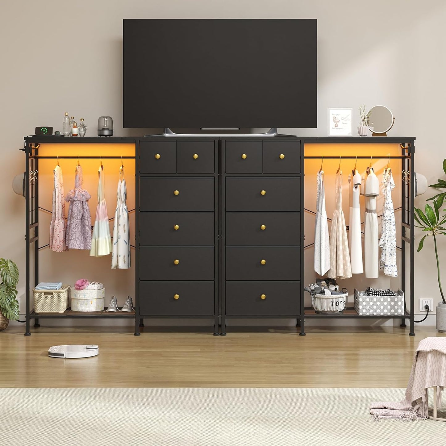 47.2" White Dresser with Hanging Rack, 2 in 1 Bedroom 6 Drawers with LED Lights & Charging Station, Wooden with Fabric Drawers and Clothing Rack (-2)