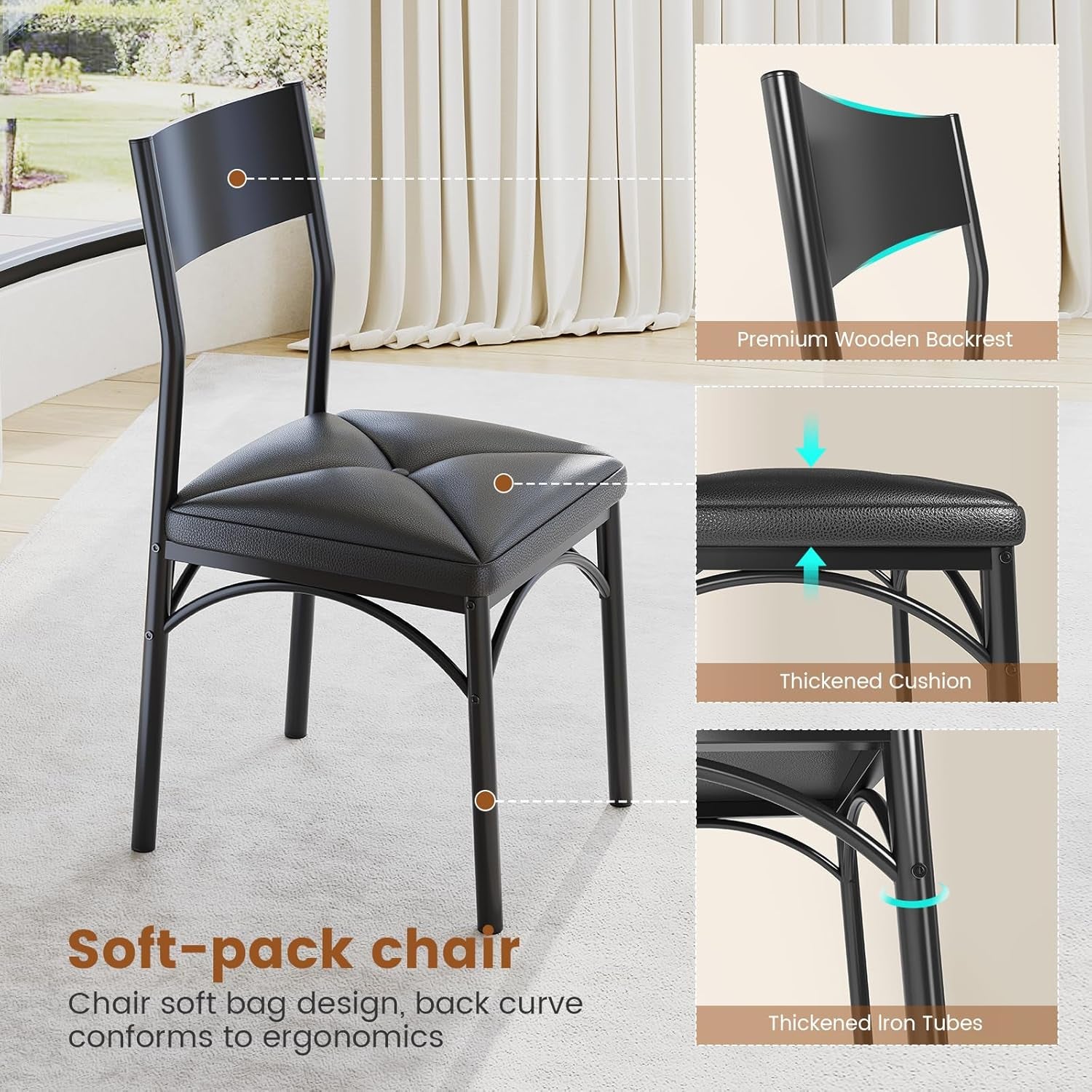 round Extendable Dining Table Set for 4-6 People, 5-Piece Kitchen Table Set with 4 Cushion Chairs, Dining Room Table for 6 with MDF Board & Metal Frame for Small Space, Easy Clean, Black