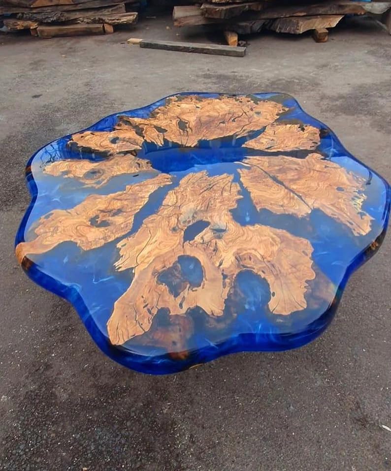 Customized Resin Epoxy Round Table Top, Blue Ocean River Look, Coffee Table Design, Resin Table, Luxury Decor Table, Walnut Table, Wooden Resin Table, (Without Stand, 46 x 46 Inches)