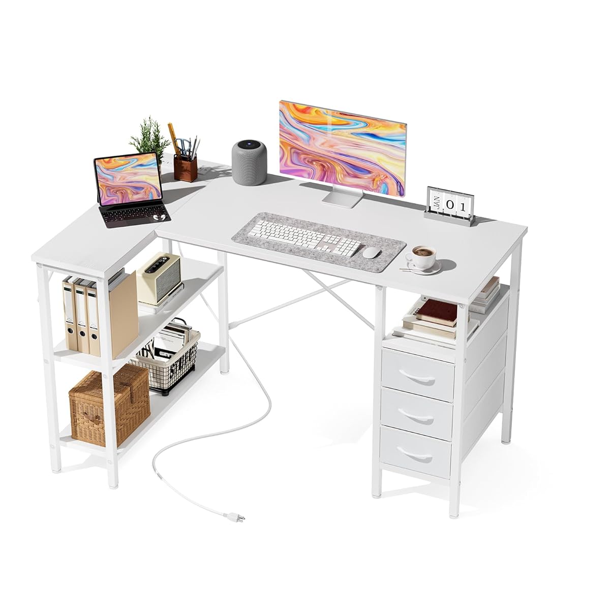 L Shaped Desk with Shelf Drawers 47 Inch, White Corner Computer Desks Gaming with Power Outlet, Study Table with Adjustable Shelves, Home Office Tables for Bedroom Teacher Reading Writing