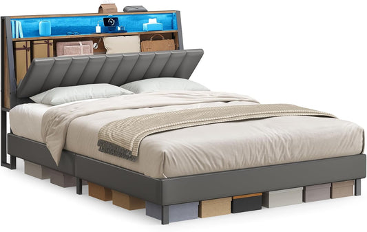 LED Bed Frame Queen Size, Storage Headboard and Charging Station, Queen Bed Frame with 2 AC Outlets, 1 USB Port, 1 Type-C Port, No Box Spring Needed, Dove Gray and Camel Brown URMB841G01