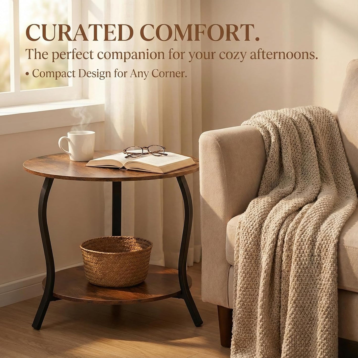 Small round Coffee Table with Open Storage,23" 2-Tier Coffee Side Tables for Small Space, Accent Center Table Circle Sofa End Table with Wooden Table Top for Living Room Bedroom (Rustic Brown)