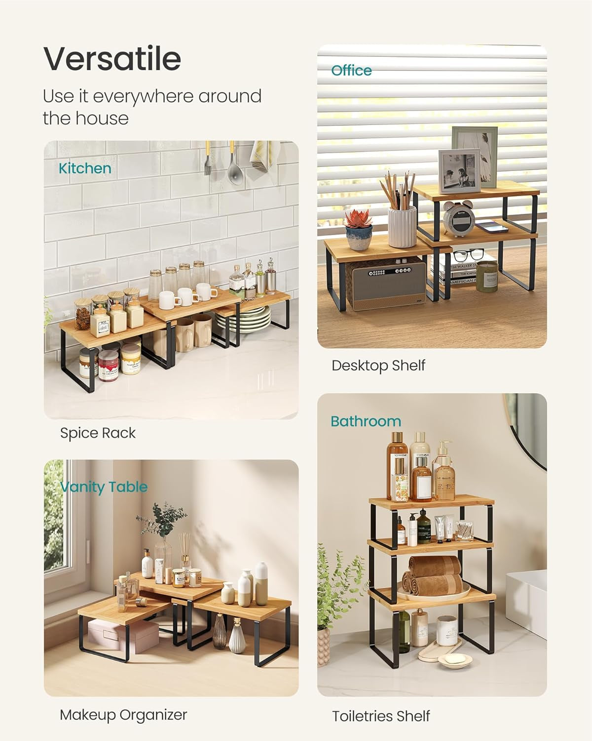 Cabinet Organizer Shelf, Set of 3 Kitchen Counter Shelves, Kitchen Storage, Spice Rack, Stackable, Expandable, Ink Black and Natural Beige UKCS014YL03
