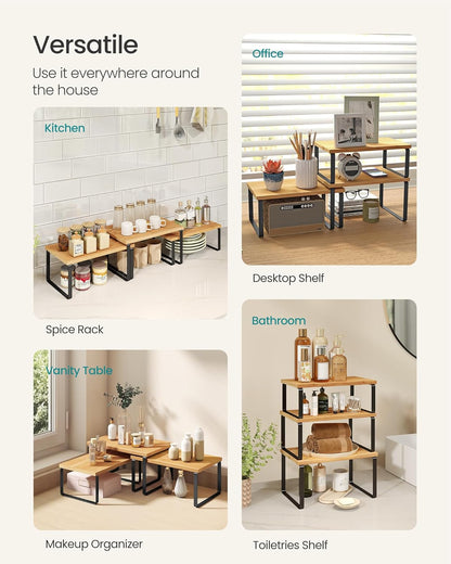 Cabinet Organizer Shelf, Set of 3 Kitchen Counter Shelves, Kitchen Storage, Spice Rack, Stackable, Expandable, Ink Black and Natural Beige UKCS014YL03