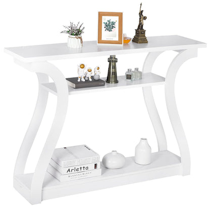 Wood Console Table with Curved Legs and Shelf, 3 Tier Modern Accent Sofa Table for Entryway, Living Room, Hallway, 47 in Wide, Easy Assembly (White)