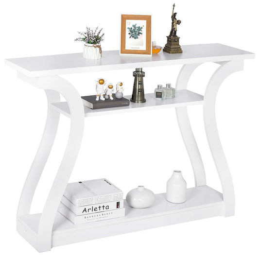 Wood Console Table with Curved Legs and Shelf, 3 Tier Modern Accent Sofa Table for Entryway, Living Room, Hallway, 47 in Wide, Easy Assembly (White)