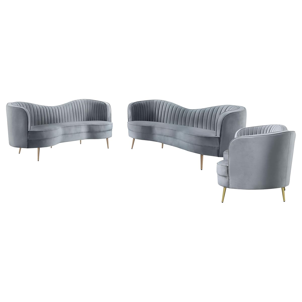 Coaster Home Furnishings - Sophia - 3-Piece Velvet Upholstered Sofa Set with Channel Tufting and Inverted Camel Back - Contemporary - Living Room - Gray - 506864-S3