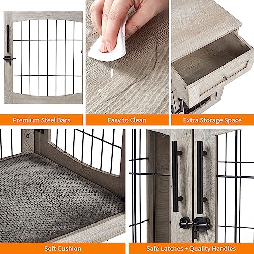 Dog Crate Furniture with Cushion, Wooden Dog Crate Table with 2 Drawers, view 4