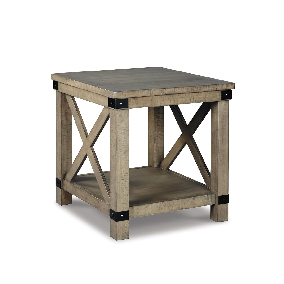 Signature Design by Ashley Aldwin Casual Farmhouse Rectangular End Table with Crossbuck Details, Metal Bracket Accents, Wood, 25" High, Weathered Gray