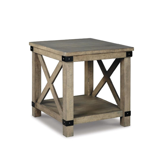 Signature Design by Ashley Aldwin Casual Farmhouse Rectangular End Table with Crossbuck Details, Metal Bracket Accents, Wood, 25" High, Weathered Gray