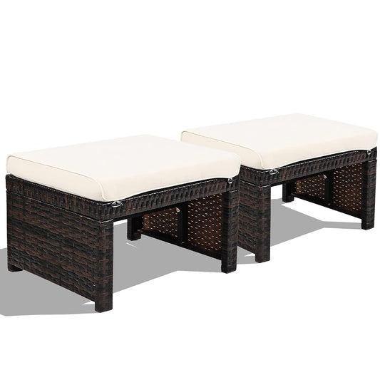 Set of two outdoor wicker ottomans with cushions and steel frame