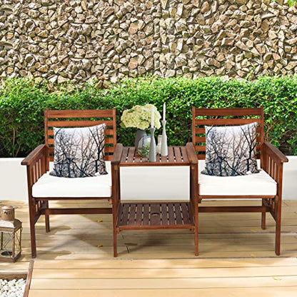 Acacia Wood Loveseat, 3pcs Outdoor Table Chairs Set, Patio Conversation Set w/Coffee Table and Soft Cushions, 2.1-inch Umbrella Hole, 2-Seater Furniture Set (White)