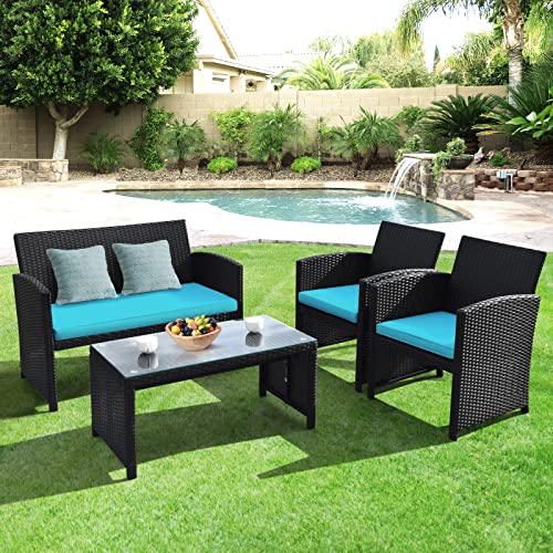 Rattan Patio Furniture Set 4 Pieces, Outdoor Wicker Conversation Sofa and Table Set with Soft Cushions & Tempered Glass Coffee Table for Balcony Garden Backyard (Turquoise)