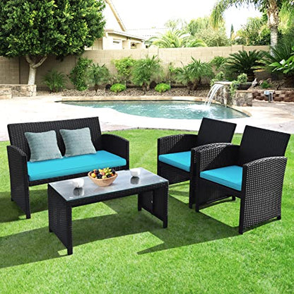 Rattan Patio Furniture Set 4 Pieces, Outdoor Wicker Conversation Sofa and Table Set with Soft Cushions & Tempered Glass Coffee Table for Balcony Garden Backyard (Turquoise)