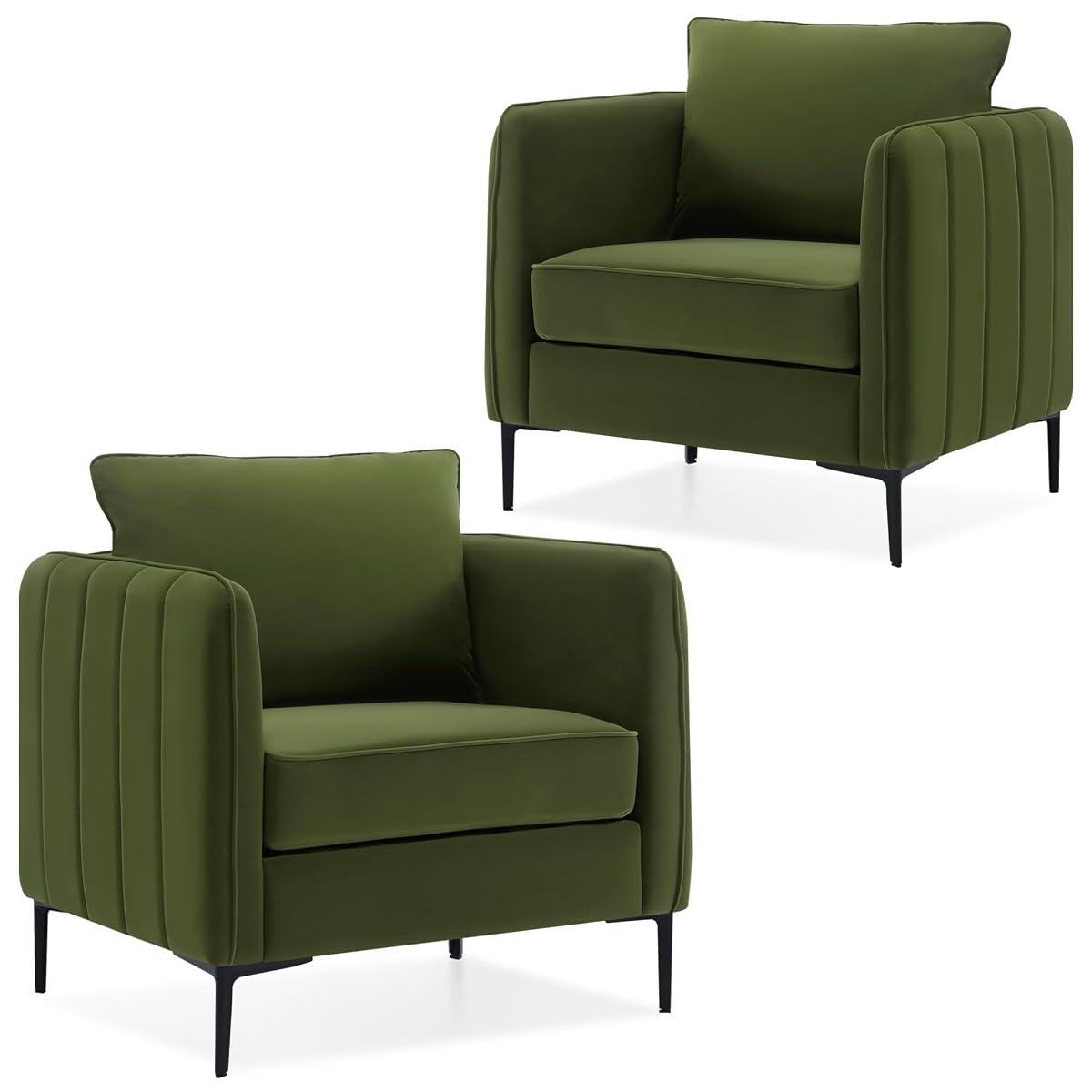 Olive Green Velvet Accent Chairs Set of 2, Modern Upholstered Accent Chair Comfy Velvet Armchair with Thick Cushion and Wood Frame, Single Sofa/Side Chair for Living Room Bedroom Office