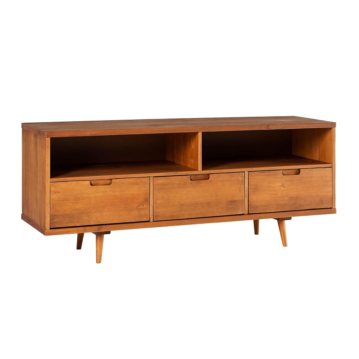 3-Drawer Mid Century Modern Wood TV Stand for TV's up to 65" Flat Screen Cabinet Door Living Room Storage Entertainment Center, 58 Inch, Caramel