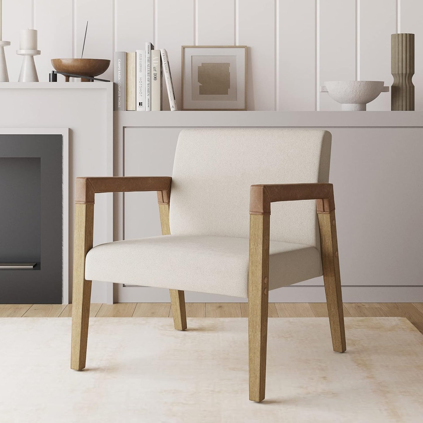 Hudson Accent Living Room Chair, Comfy Reading Bedroom Chair, Mid-Century Wood Armchair, Upholstered Fabric and Leather Armrest