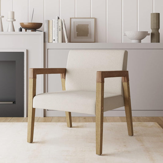 Hudson Accent Living Room Chair, Comfy Reading Bedroom Chair, Mid-Century Wood Armchair, Upholstered Fabric and Leather Armrest