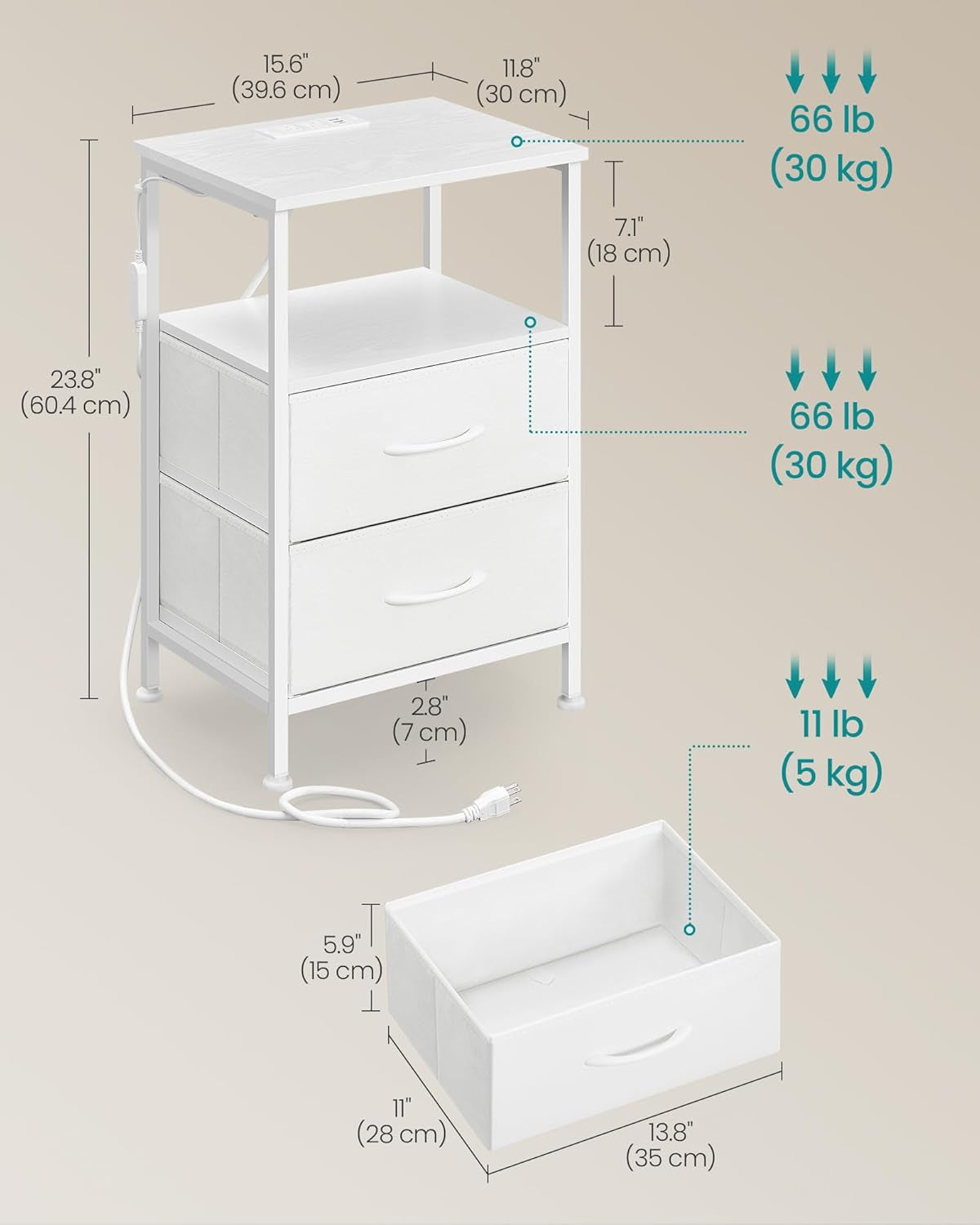 BELLAH Collection - Nightstand with Charging Station and App-Controlled Adjustable LED Lights, Bed Side Table, 2 Drawer and 1 Open Shelf, Bedroom, Cloud White and Snow White ULGS302WH01S