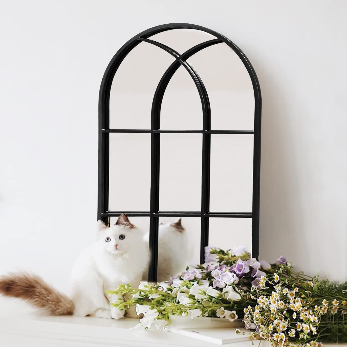 Wall Mounted Mirror, 24"x42" Arched Wall Mirror, Arched Window Shaped Farmhouse Style with Iron Frame, Paneled Wall Decor for Bedroom, Entryway, Living Room (Black)