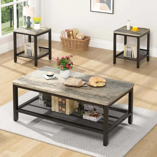 Coffee Table Set of 3, Industrial Coffee Table with 2 Square End Side Tables
