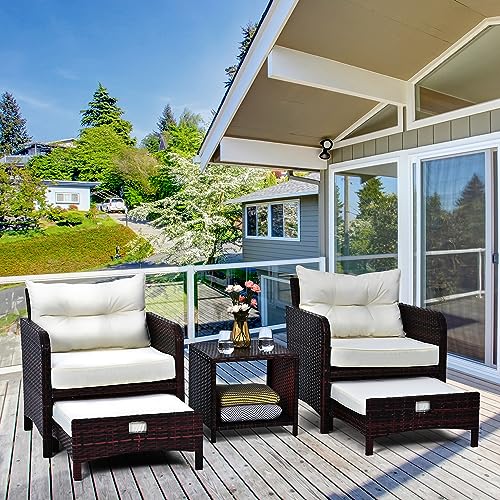5 Pieces Patio Furniture Set, Rattan Balcony Furniture with Ottomans, PE Wicker Outdoor Patio Chairs Set with Coffee Table for Poolside, Porch, Lawn, Garden, Balcony(Beige)