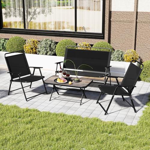 4 Piece Folding Patio Furniture Set, Metal Chair & Table Set with Breathable Fabric Seat, Outdoor Sectional Conversation Set with 2 Patio Chairs, Loveseat, Coffee Table for Yard Porch Deck
