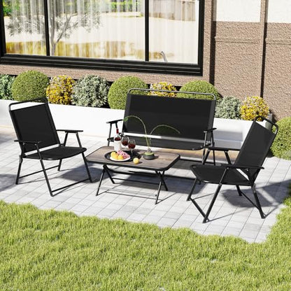 4 Piece Folding Patio Furniture Set, Metal Chair & Table Set with Breathable Fabric Seat, Outdoor Sectional Conversation Set with 2 Patio Chairs, Loveseat, Coffee Table for Yard Porch Deck