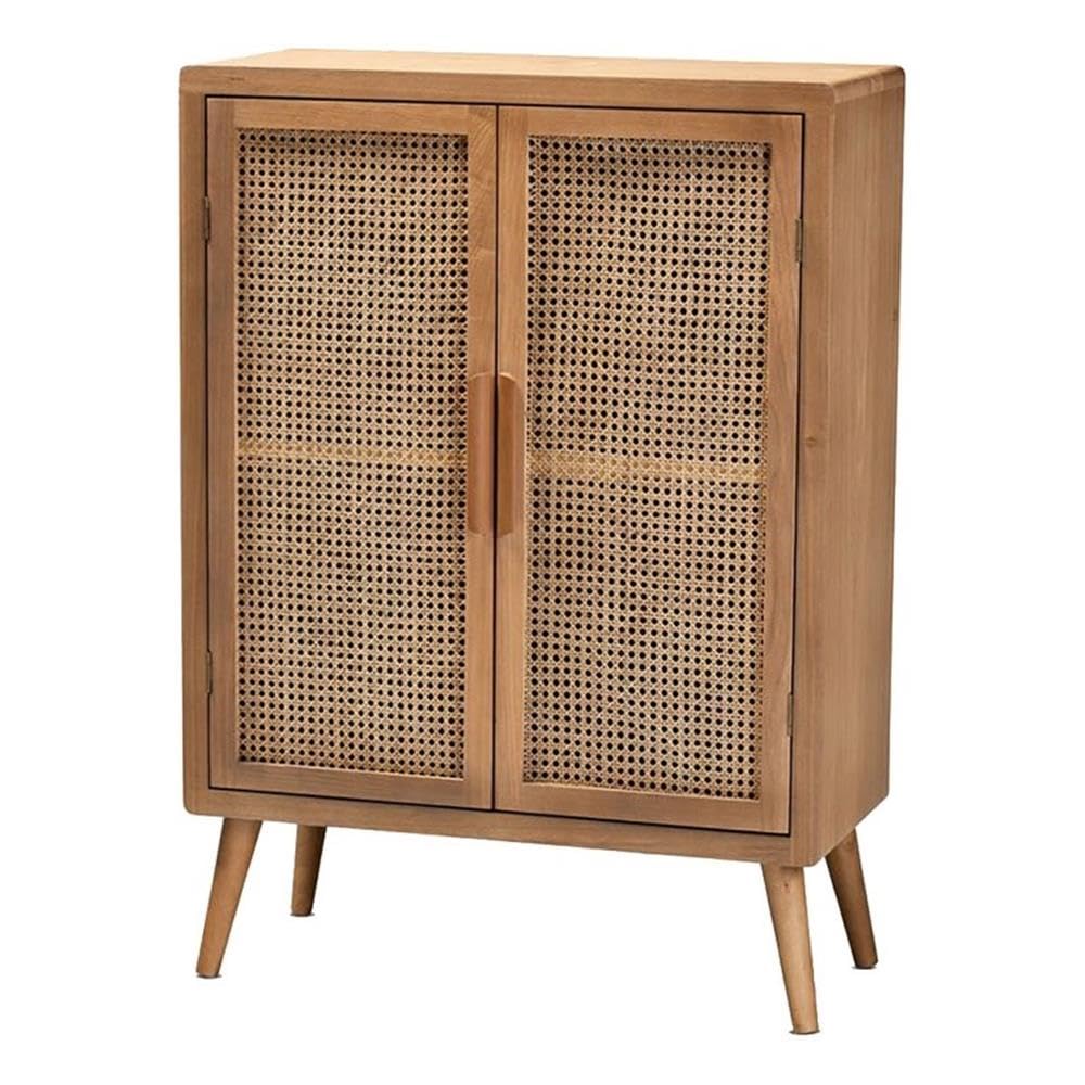 Mid-Century Wood/Rattan 2-Door Storage Cabinet, Oak Finish, 44.29" H x 31.5" W x 14.17" D, Adjustable Shelves, Angled Legs, Elegant Accent Chest for Living Room or Entryway