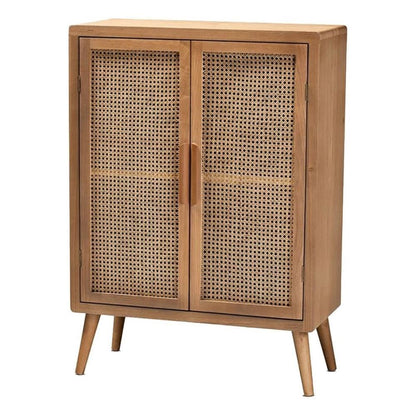 Mid-Century Wood/Rattan 2-Door Storage Cabinet, Oak Finish, 44.29" H x 31.5" W x 14.17" D, Adjustable Shelves, Angled Legs, Elegant Accent Chest for Living Room or Entryway