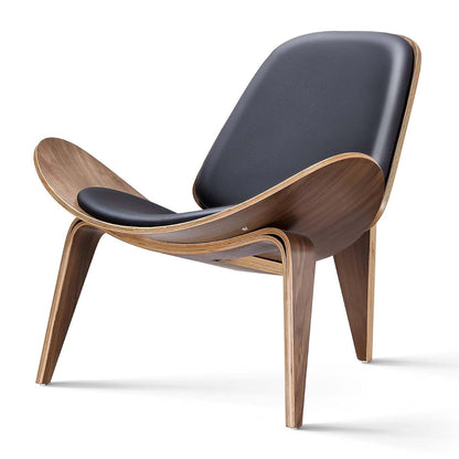 Furgle Mid Century Modern Shell Lounge Chair, PU Leather, Tripod Plywood Classic Design Solid Wood Accent Chairs for Living Room, Reading, Lounge, Office, Salon(Walnut)